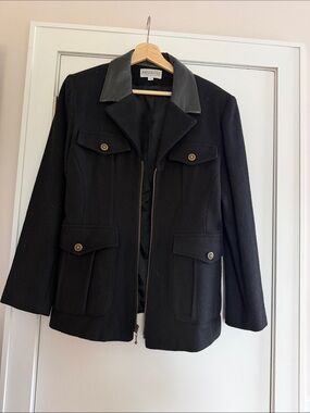 Black Wool-Blend Jacket with Leather Trim Collar
